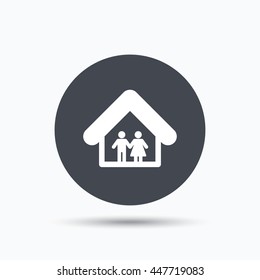 Family icon. Father and mother in home symbol. Flat web button with icon on white background. Gray round pressbutton with shadow. Vector