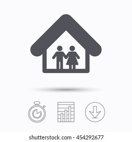 Family icon. Father and mother in home symbol. Stopwatch, chart graph and download arrow. Linear icons on white background. Vector