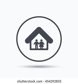 Family icon. Father and mother in home symbol. Circle button with flat web icon on white background. Vector