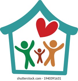 Family icon. Father, mother and son under the roof of the house with heart symbol