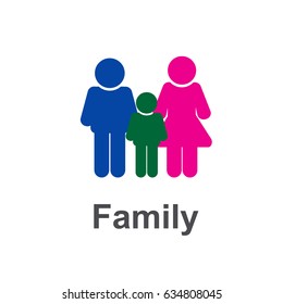 Family Icon. Flat design. Vector illustration. Blue, pink, green. Husband, wife, son.