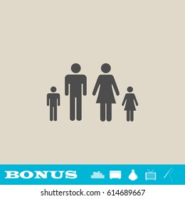 Family icon flat. Grey pictogram on light background. Vector illustration symbol and bonus button real estate, ottoman, vase, tv, fishing rod