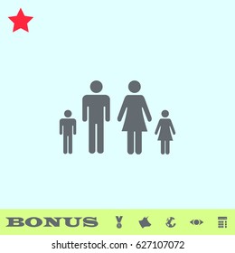 Family icon flat. Grey pictogram on blue background. Vector illustration symbol and bonus buttons medal, cow, earth, eye, calculator