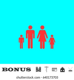 Family icon flat. Red pictogram on blue background. Vector illustration symbol and bonus buttons Music center, corkscrew, credit card, house, drum