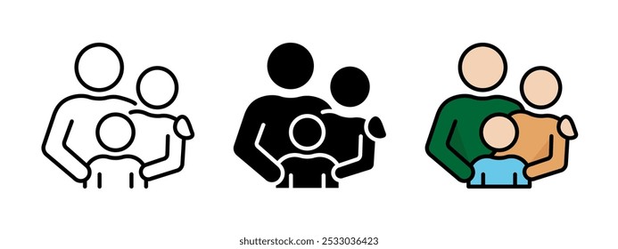 Family icon. Household symbol. Parents with child sign. Father, mother and son isolated concept. Happy family vector illustration. Familiar people pictogram.