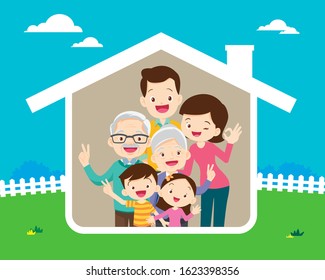 Family Icon Inside The House.Concept Of The Stay At Home Of Happy Family. Grandfather,Grandmother,Dad, Mother, Son, Daughter Under The Roof Of The House.