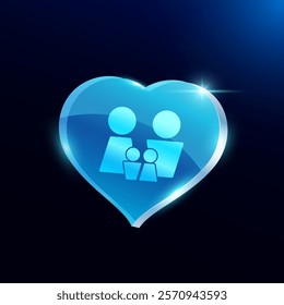 Family icon logo 3d. Father mother son and daughter in heart translucent glass modern on blue background. Relationship happiness concept. Vector EPS10.