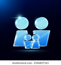 Family icon logo form translucent glass modern 3d. Father mother son and daughter on blue background. Relationship happiness concept. Vector EPS10.