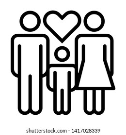 Family icon, male, female and child with heart. Simple design. Line vector. Isolate on white background.