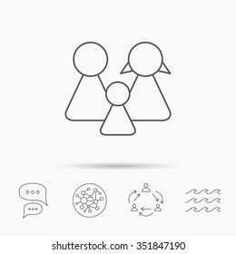 Family icon. Male, female and child sign. Global connect network, ocean wave and chat dialog icons. Teamwork symbol.