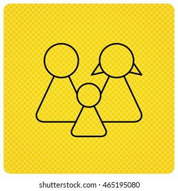 Family icon. Male, female and child sign. Linear icon on orange background. Vector