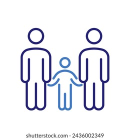 Family icon with mother, father, and child characters holding hands, vector thin line illustration for parenthood, family bond, and generational continuity