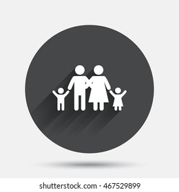 Family icon. Parents with children symbol. Family insurance. Circle flat button with shadow. Vector