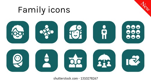 family icon set. 10 filled family icons.  Collection Of - Grandmother, Hug, Woman, Friend, Friends, Baby, Birthday boy, Insurance, Give love
