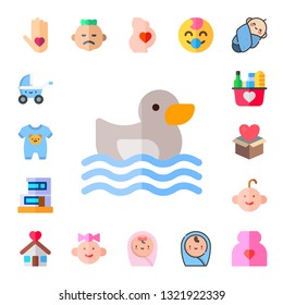 family icon set. 17 flat family icons.  Collection Of - insurance, stroller, onesie, ugly duckling, duplex, donation, baby boy, shelter, baby, baby girl, pregnant, pregnancy