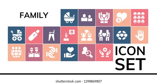  family icon set. 19 filled family icons. Simple modern icons about  - Stroller, Baby carriage, Friends, Solidarity, Donation, Pregnancy test, Feeding chair, Friend, Couple, Insurance