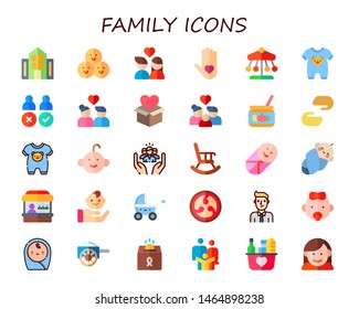 Family Icon Set. 30 Flat Family Icons.  Collection Of - Resident, Friends, Couple, Insurance, Ride, Onesie, Staff, Donation, Baby, Charity, Baby Boy, Social Care, Retirement, Fairground