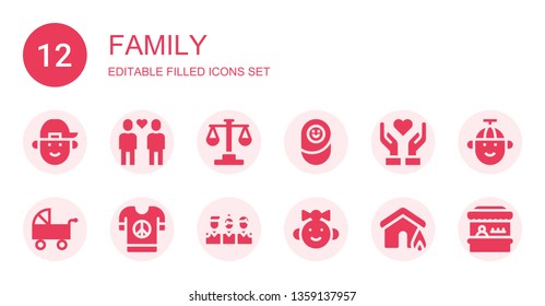 family icon set. Collection of 12 filled family icons included Boy, Friends, Law, Newborn, Give love, Pushchair, Peace, Baby girl, Insurance, Fairground