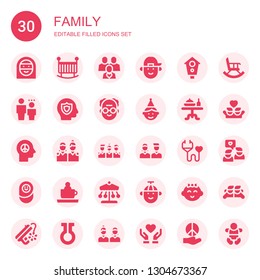 family icon set. Collection of 30 filled family icons included Arab woman, Crib, Friends, Boy, Aviary, Child, Insurance, Grandfather, Birthday boy, Dinner table, Peace, Medical insurance