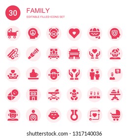 family icon set. Collection of 30 filled family icons included Pushchair, Peace, Grandfather, Pregnancy, Nest, Pregnancy test, Carriage, Ming dynasty tombs, Donate, Friends, Ride