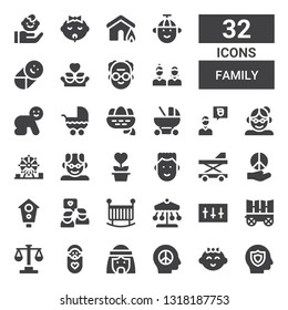 family icon set. Collection of 32 filled family icons included Insurance, Baby girl, Peace, Arab man, Baby, Law, Carriage, Equalizer, Ride, Crib, Friends, Aviary, Baby walker