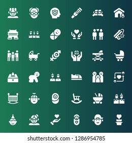 family icon set. Collection of 36 filled family icons included Charity, Boy, Baby, Give love, Grandmother, Birthday boy, Friends, Baby carriage, Retirement, Newborn, Crib, Family