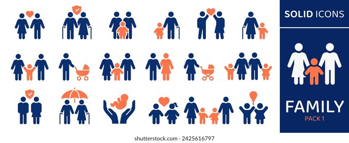 Family icon set. Collection of baby carriage, child, parent and more. Vector illustration. Easily changes to any color.