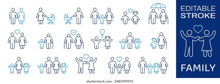 Family icon set. Collection newlyweds, parent, couple, people and more. Vector illustration isolated on white. Editable stroke.