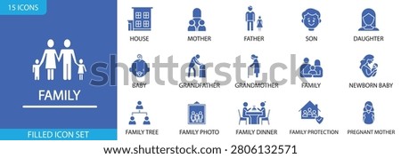 family icon set. containing icons for family, parenting, children, newborn, grandparents, household, adoption, education, multigenerational, generations, single parent, childcare, family tree. solid vector icons.. 