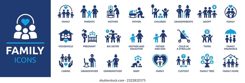 Family icon set. Containing parents, mother, father, children, baby, grandparents and household icons. Solid icon collection. Vector illustration. - Shutterstock ID 2322832575