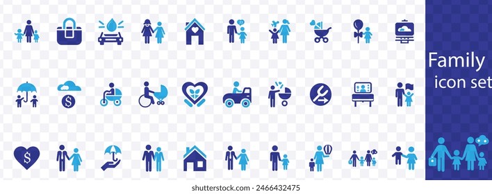 Family icon set. Containing parents, mother, father, children, baby, grandparents and household icons. Solid icon collection. Vector illustration.