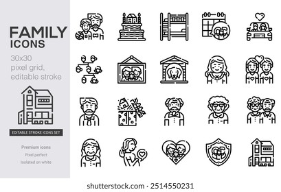 Conjunto de iconos familiares. Contiene padres, madre, padre, hijos, bebé, abuelos e iconos del hogar. Colección de iconos sólidos. Ilustración vectorial.