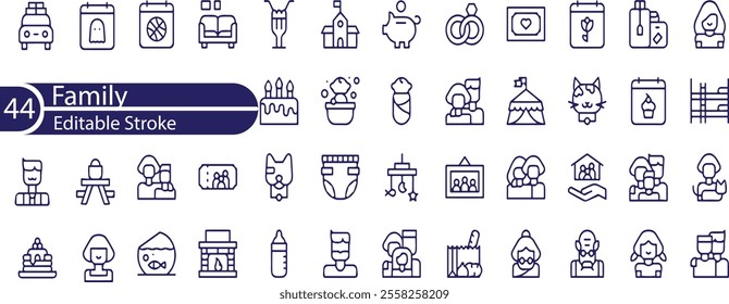 Family icon set. Containing parents, mother, father, children, baby, grandparents and household icons