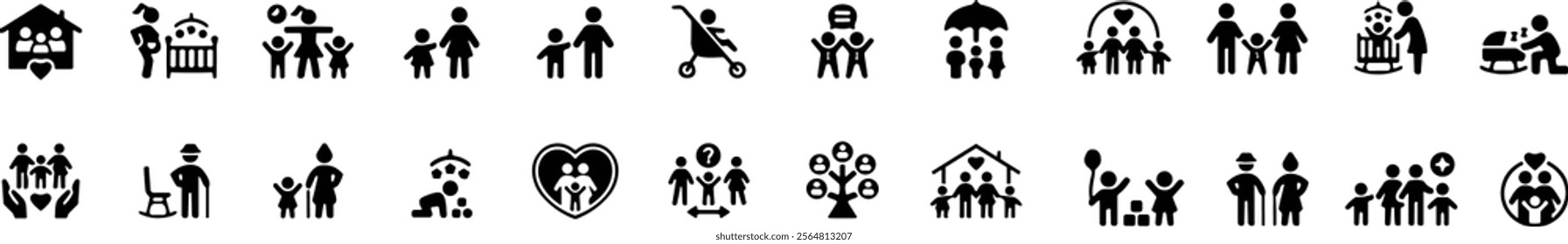 Family icon set. Containing parents, mother, father, children, baby, grandparents and household icons collection. Vector illustration.