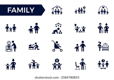 Family icon set. Containing parents, mother, father, children, baby, grandparents and household icons. Solid icon collection. Vector illustration.