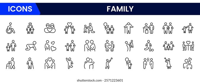 Family icon set. It contains parents, mothers, fathers, children, babies, grandparents, and household icons. Vector illustration.