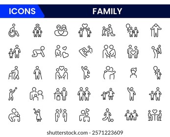 Family icon set. It contains parents, mothers, fathers, children, babies, grandparents, and household icons. Vector illustration.