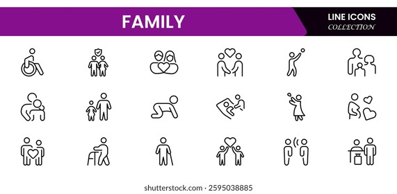 Family icon set. It contains parents, mothers, fathers, children, babies, grandparents, and household icons. Vector illustration.