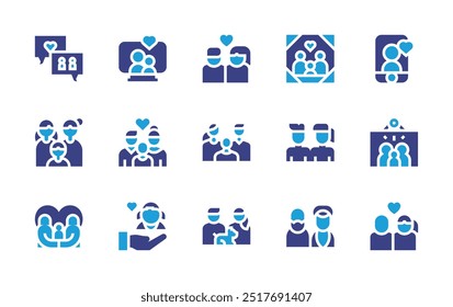 Conjunto de iconos familiares. Color duotono. Ilustración vectorial. Contiene videollamada, pareja, familia, familia adoptiva, padres, adopción, niña, conversación.