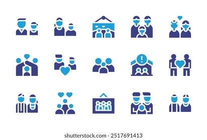 Conjunto de iconos familiares. Color duotono. Ilustración vectorial. Contiene control parental, familia, LGBTQ, foto, pareja, retrato, padres, madre, padre, personas, abuelos.