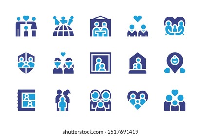 Conjunto de iconos familiares. Color duotono. Ilustración vectorial. Contiene familia, adopción, foto, seguro familiar, foto, casa, niños, gay, marcador de posición, lesbianas.