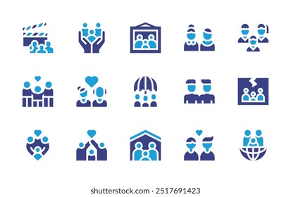 Conjunto de iconos familiares. Color duotono. Ilustración vectorial. Contiene familia, día mundial de los padres, marco, familia de acogida, disfrutar de la familia, abuelos, pareja.