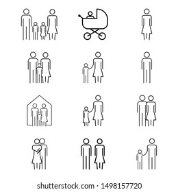 family icon set. father, mother, son, daughter, baby black and isolated vector illustration