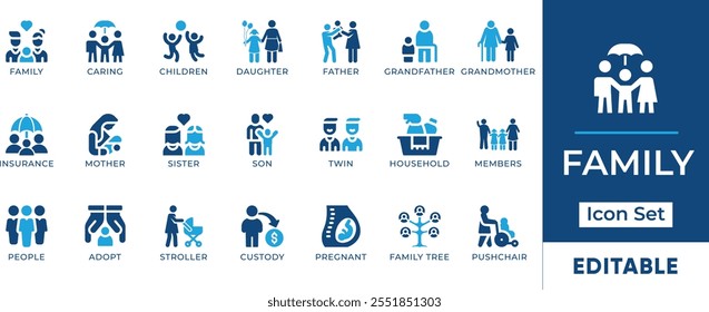 Conjunto de Ícones da Família. Apresenta ícones editáveis para símbolos de família, pais, filhos, avós, relacionamentos e muito mais. Perfeito para designs, apresentações e sites relacionados à família.