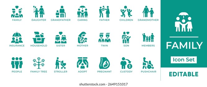 Family Icon Set. Features icons of parents, children, home life, relationships, love, and bonding. Perfect for parenting, healthcare, education, and lifestyle content.