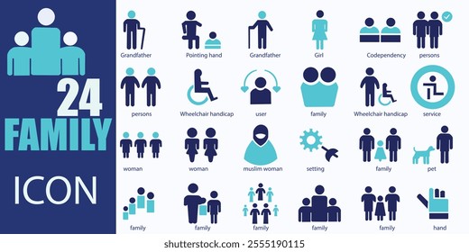 family icon set. Featuring detailed illustrations of people, team, partnership, success and more. Vector illustration. Easily changes to any color.  Cohesive set of scalable vector icons.