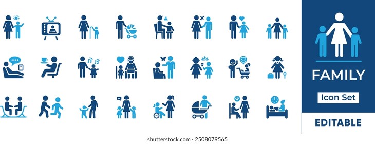 Family Icon Set featuring diverse family structures, relationships, and activities. Perfect for family-oriented websites, apps, and presentations. Editable vector graphics for customization.