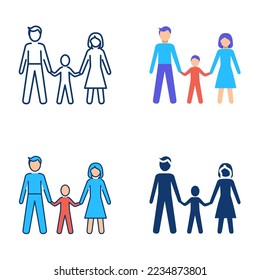 Family icon set in flat and line style. Man, woman and child standing together. Parents symbol. Vector illustration