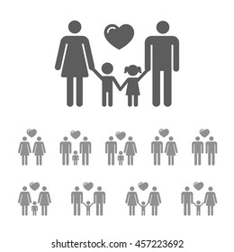 Family icon set. Gay couple with kids, family with children sign collection. Vector illustration.