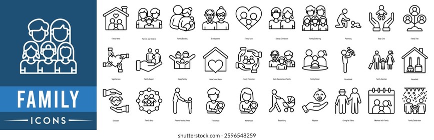 Family icon set. Family Home, Parents and Children, Family Bonding, Grandparents, Family Love and Sibling Connection